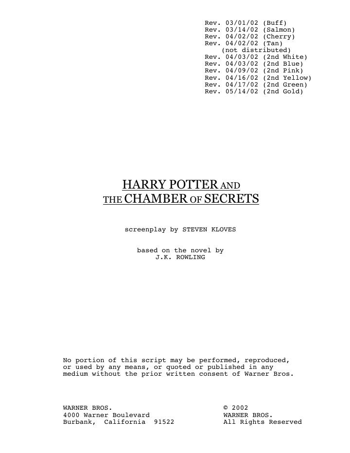 Harry Potter and the Chamber of Secrets screenplay first page