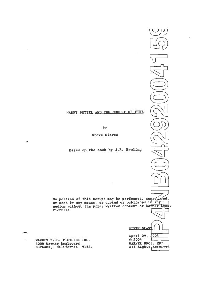 Harry Potter and the Goblet of Fire screenplay first page