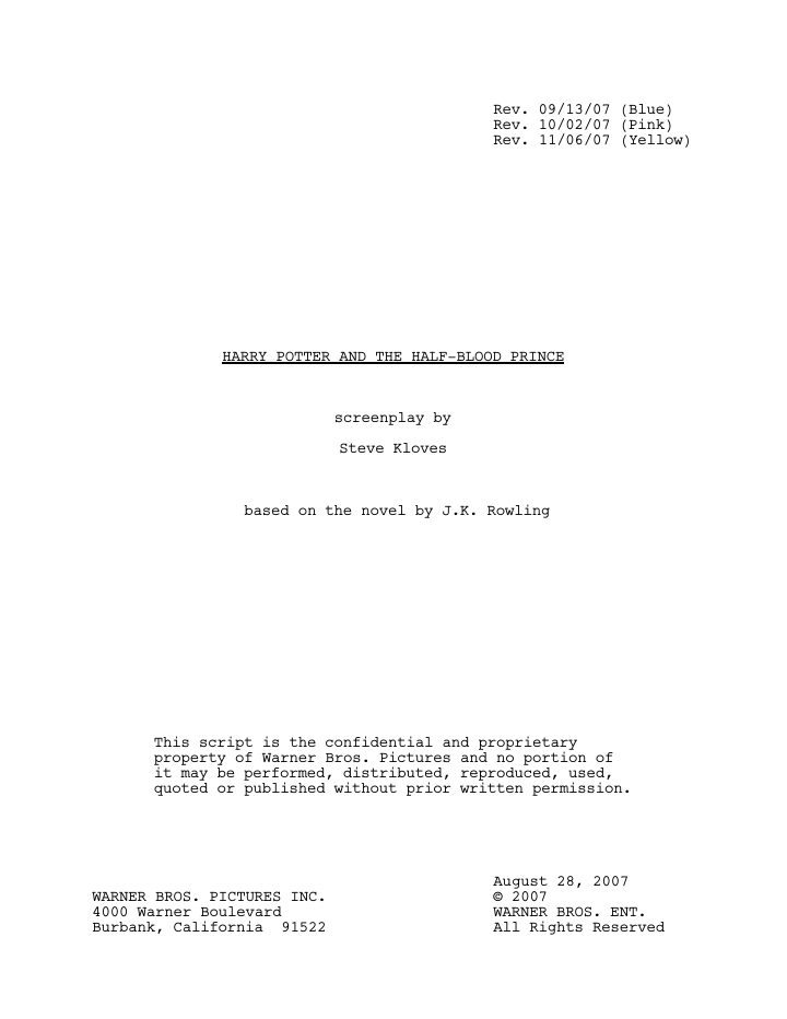 Harry Potter and the Half-Blood Prince screenplay first page