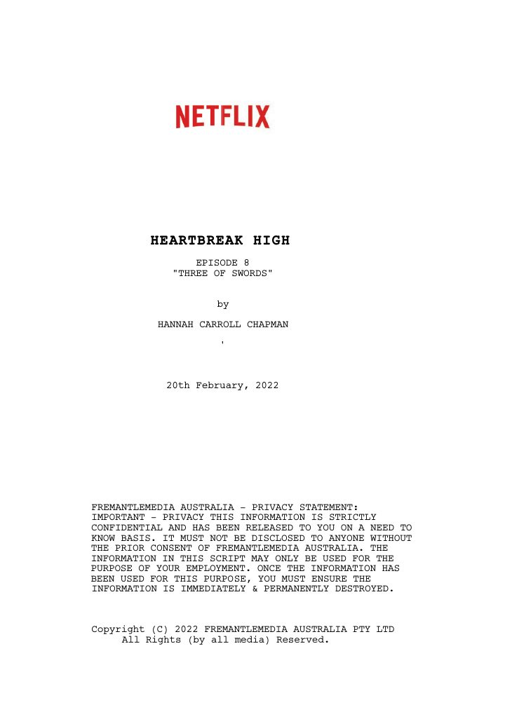 Heartbreak High: 108: Three of Swords screenplay first page