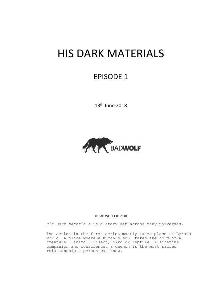 His Dark Materials: 101: Lyra's Jordan screenplay first page