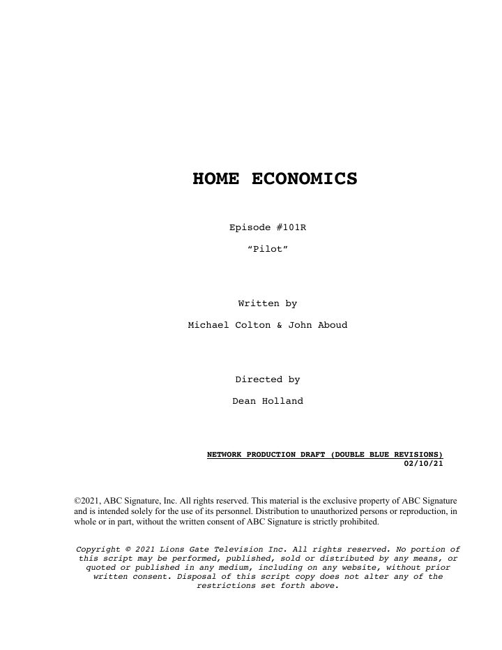 Home Economics: 101: Pilot screenplay first page