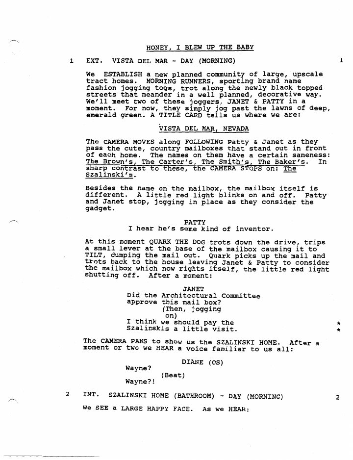 Honey, I Blew Up the Kid screenplay first page