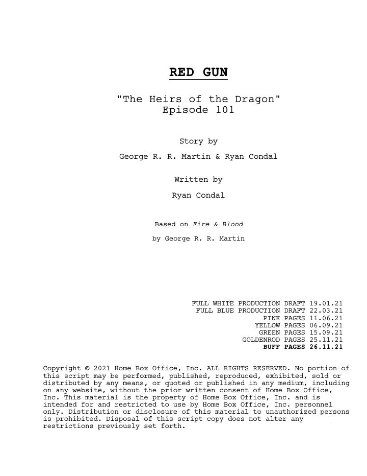 House of the Dragon: 101: The Heirs of the Dragon screenplay first page