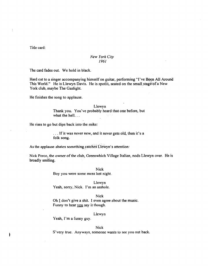 Inside Llewyn Davis screenplay first page