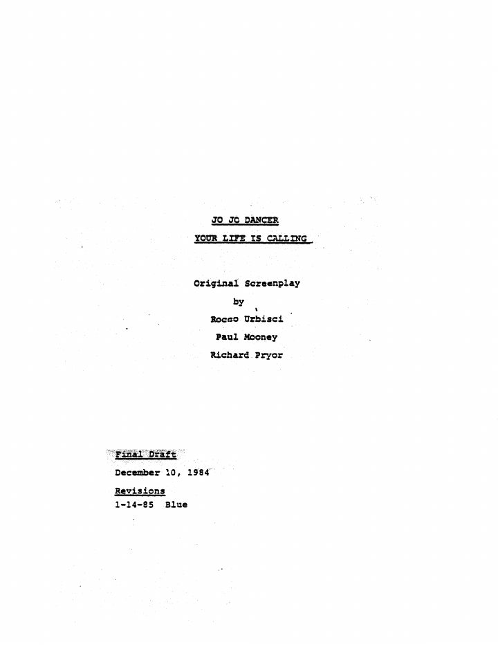 Jo Jo Dancer, Your Life is Calling screenplay first page
