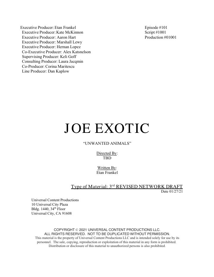 Joe vs. Carole: 101: Unwanted Animals screenplay first page