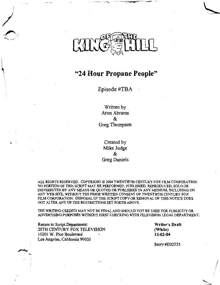 King of the Hill: 1012: 24 Hour Propane People screenplay first page