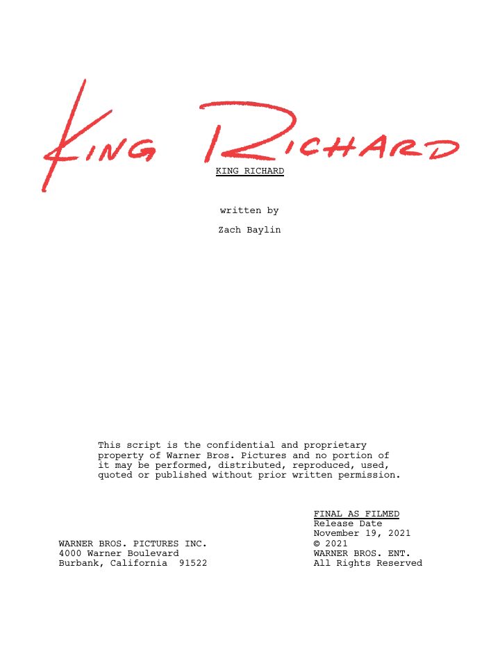 King Richard screenplay first page