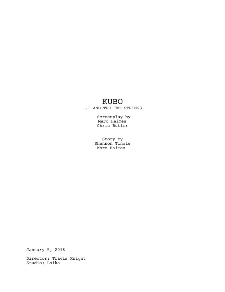Kubo and the Two Strings screenplay first page
