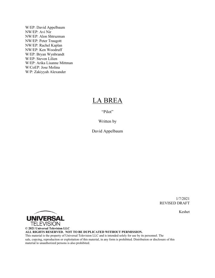 La Brea: 101: Pilot screenplay first page