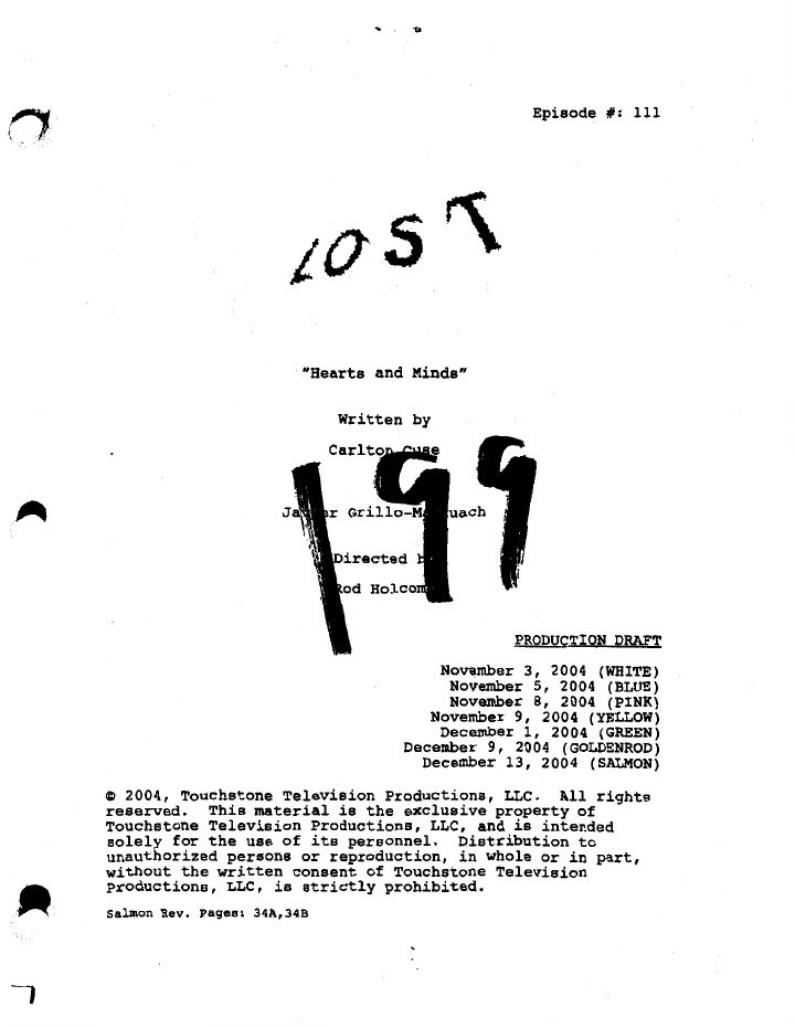 Lost: 113: Hearts and Minds screenplay first page