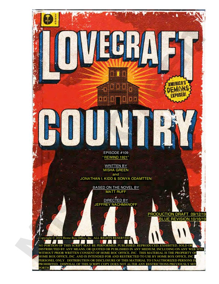 Lovecraft Country: 109: Rewind 1921 screenplay first page