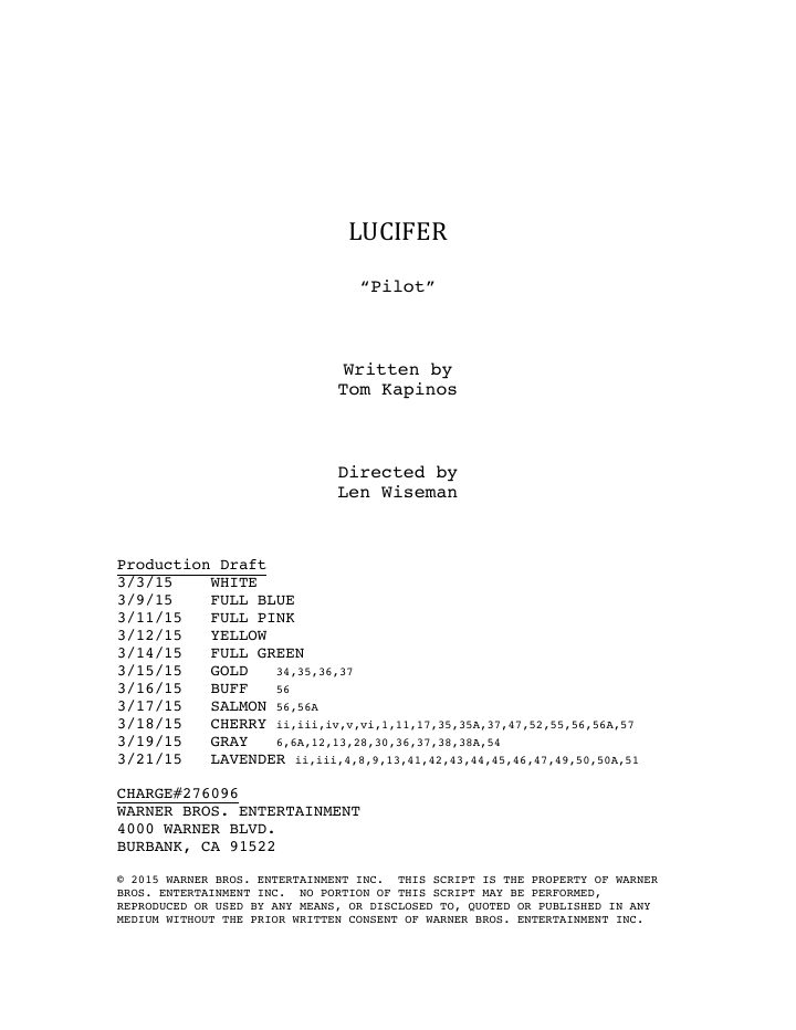 Lucifer: 101: Pilot screenplay first page