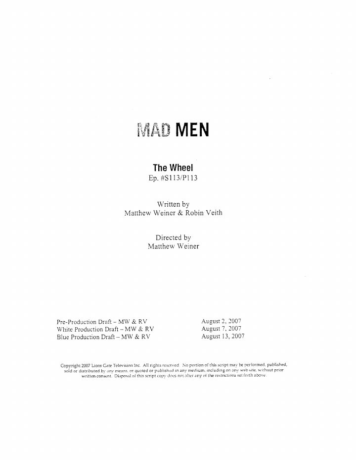 Mad Men: 113: The Wheel screenplay first page