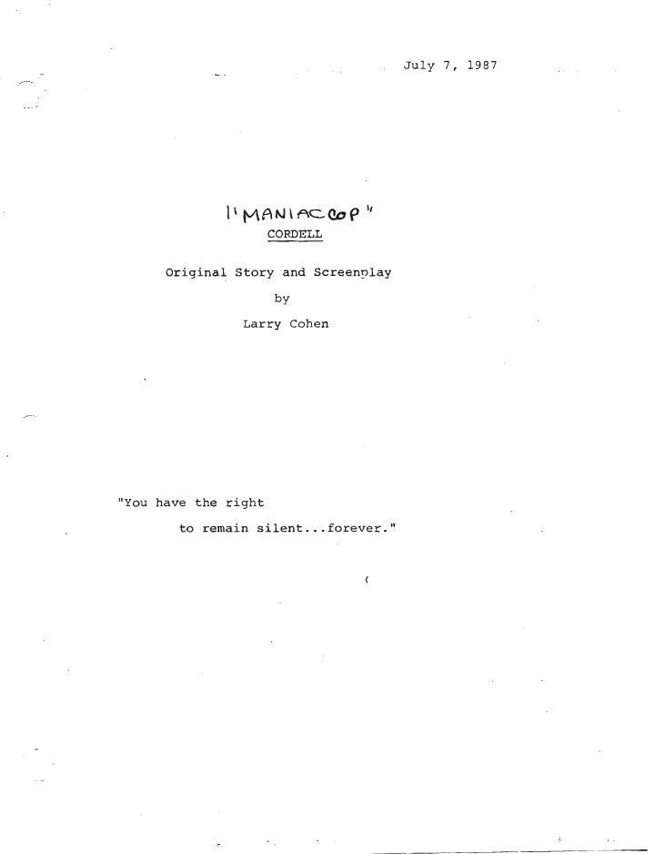 Maniac Cop screenplay first page