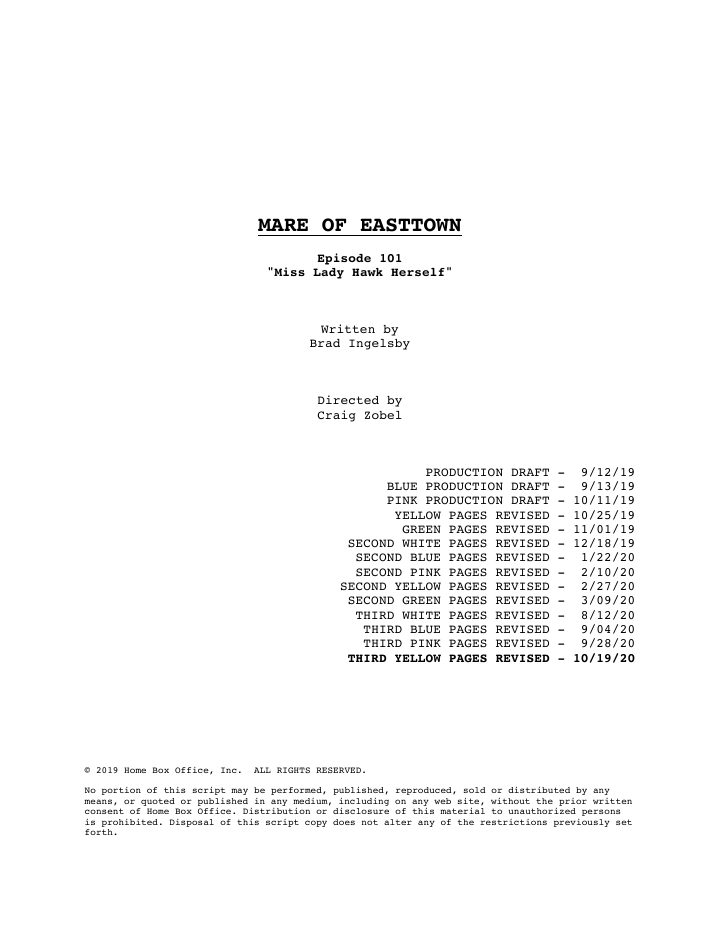 Mare of Easttown: 101: Miss Lady Hawk Herself screenplay first page