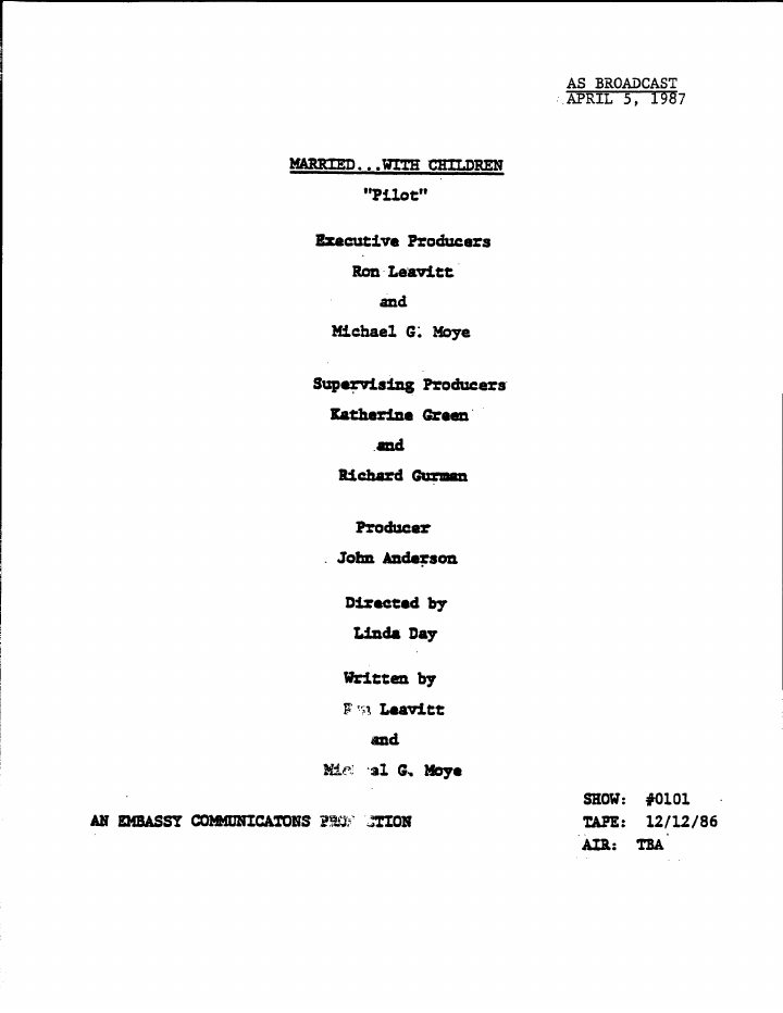 Married with Children: 101: Pilot screenplay first page