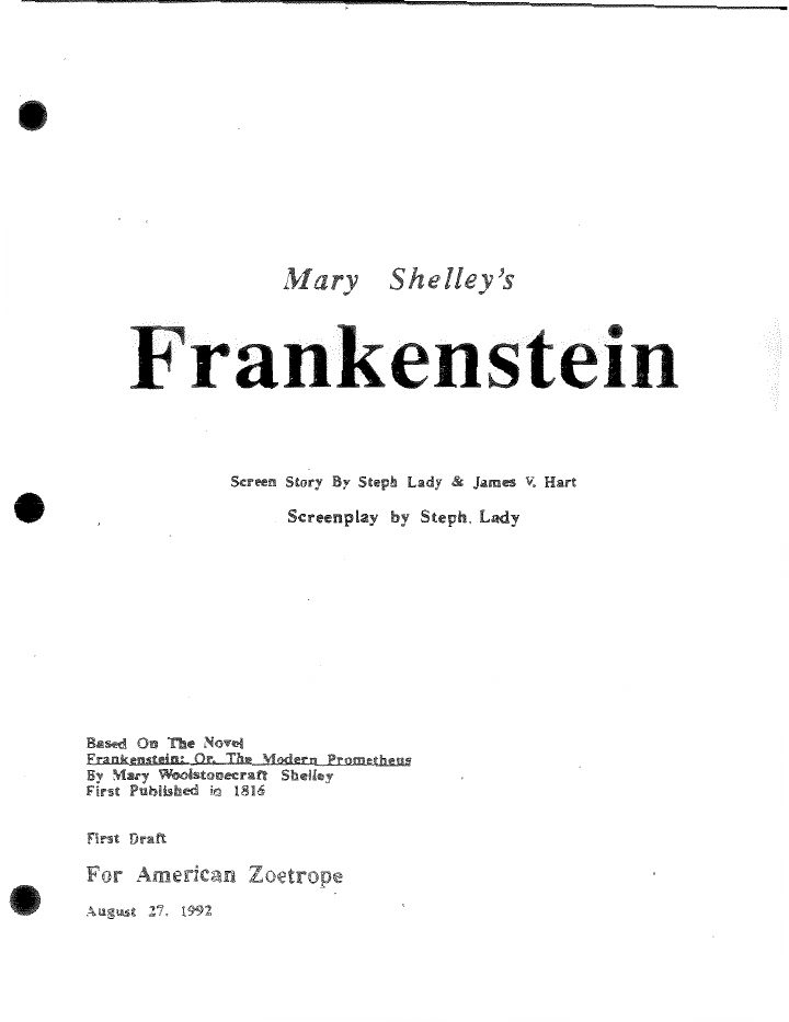 Mary Shelley's Frankenstein screenplay first page