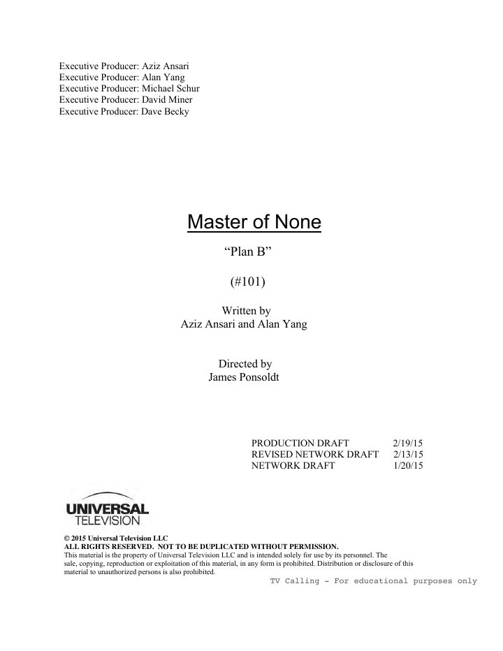 Master of None: 101: Plan B screenplay first page