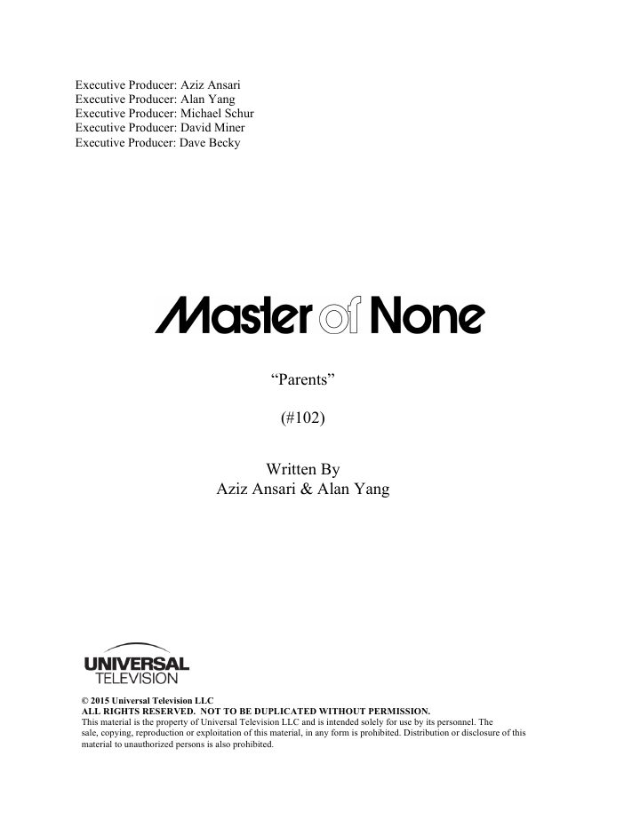 Master of None: 102: Parents screenplay first page
