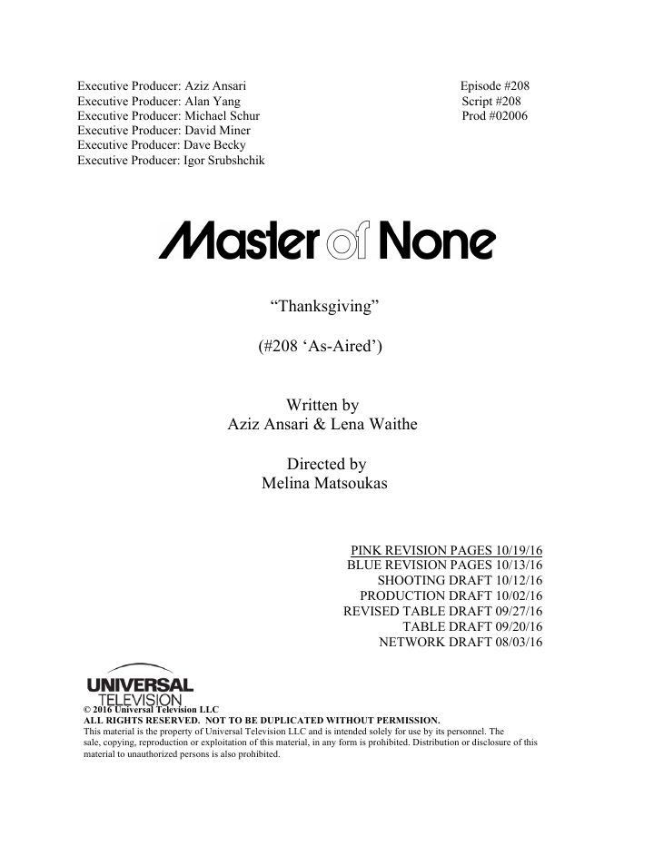 Master of None: 208: Thanksgiving screenplay first page