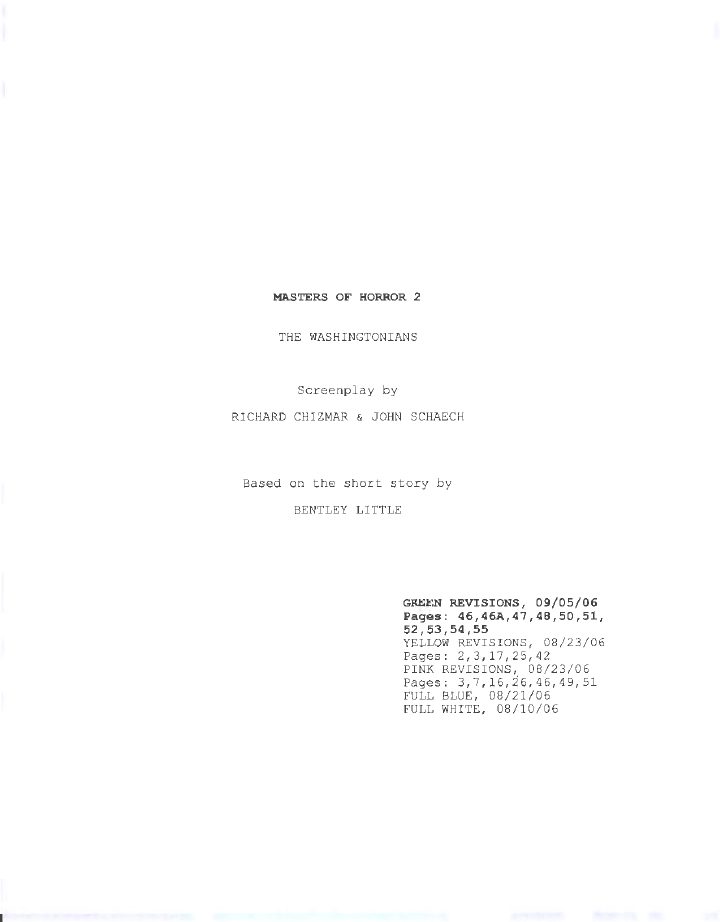 Masters of Horror: 202: The Washingtonians screenplay first page