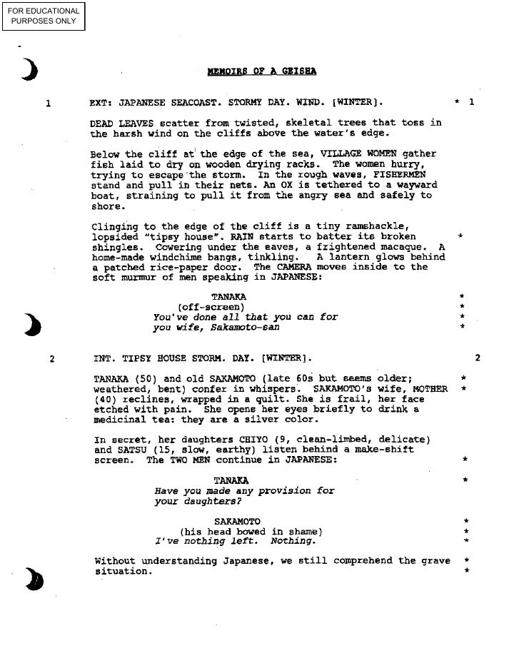 Memoirs of a Geisha screenplay first page