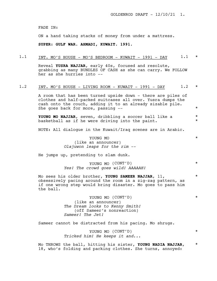 Mo: 101: Hamoodi screenplay first page