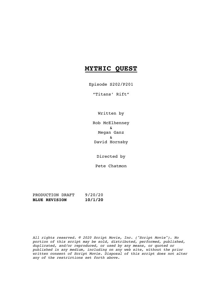 Mythic Quest: 201: Titans' Rift screenplay first page