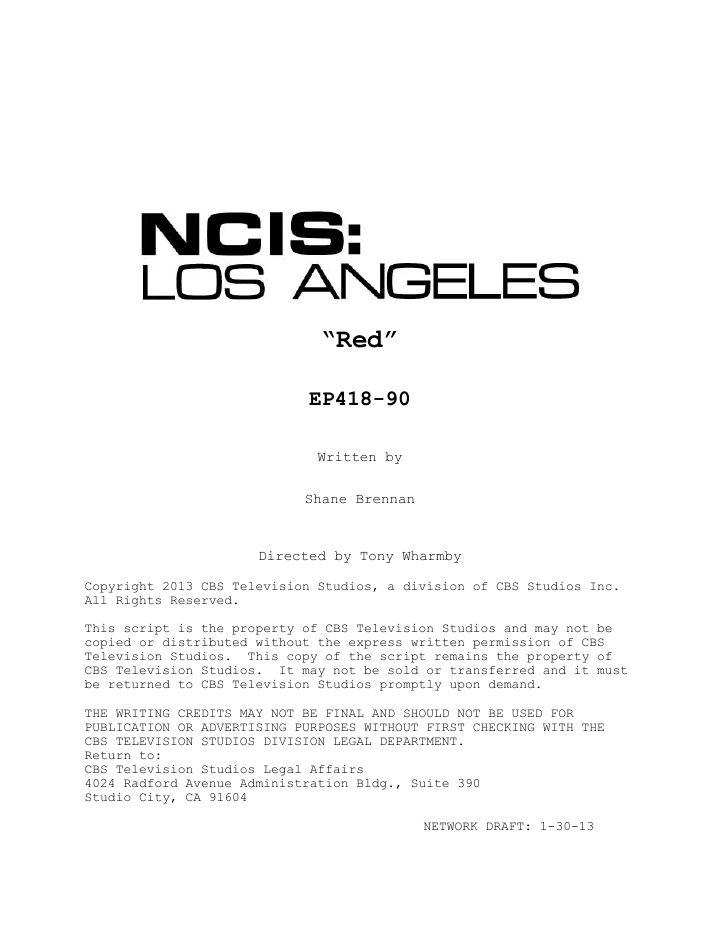 NCIS: Los Angeles: 418: Red: Part One screenplay first page