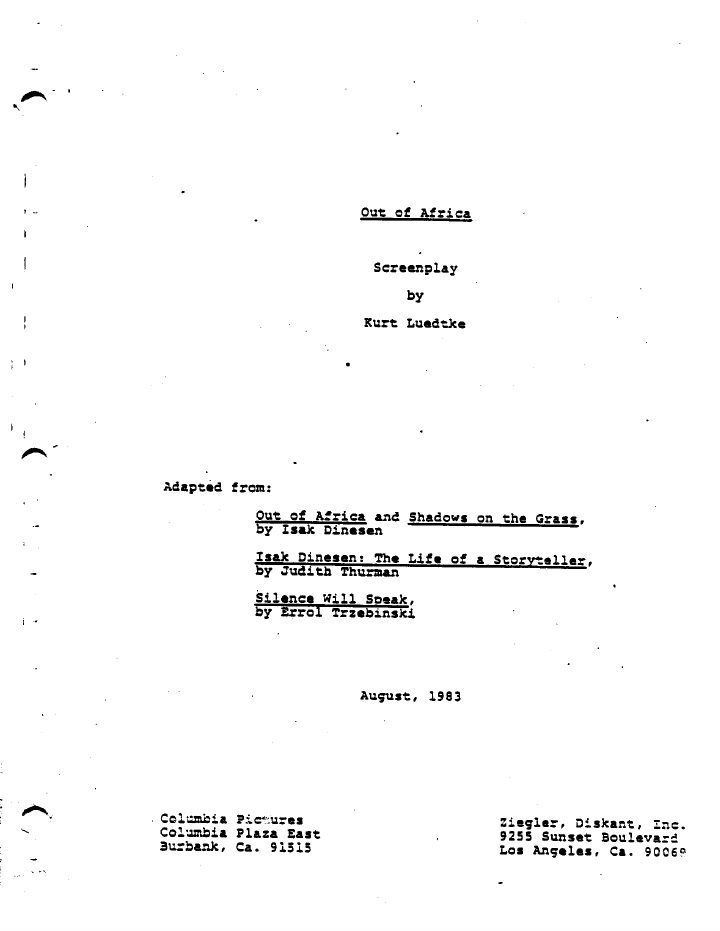 Out of Africa screenplay first page
