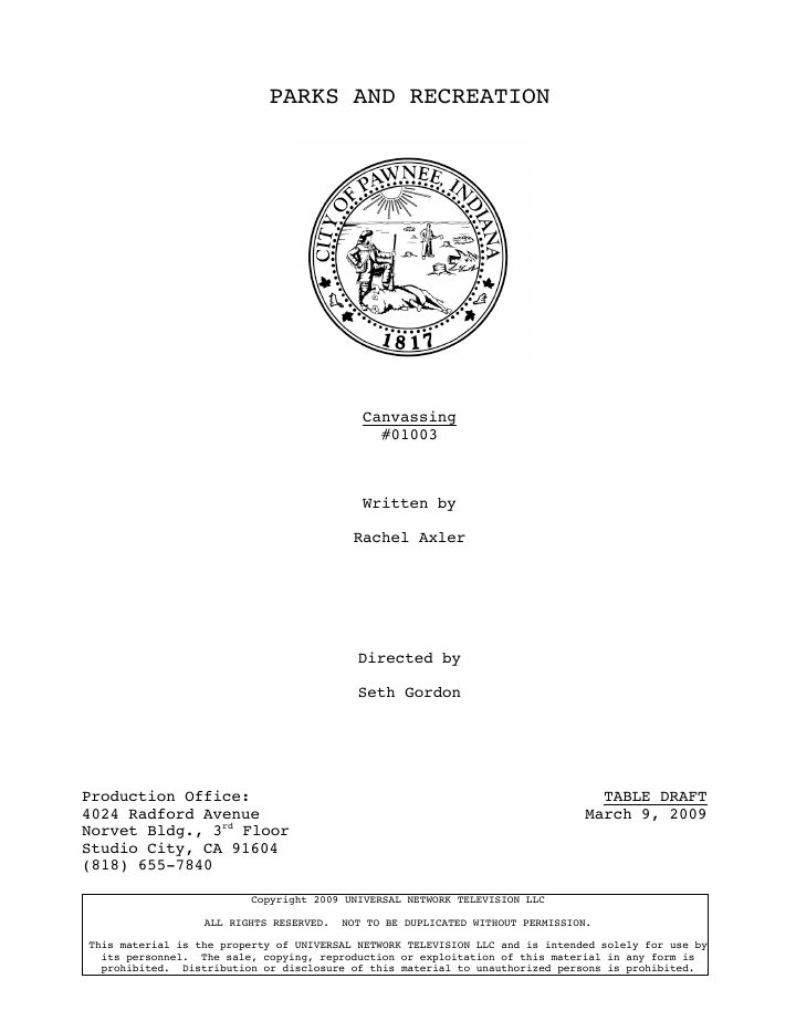 Parks and Recreation: 102: Canvassing screenplay first page