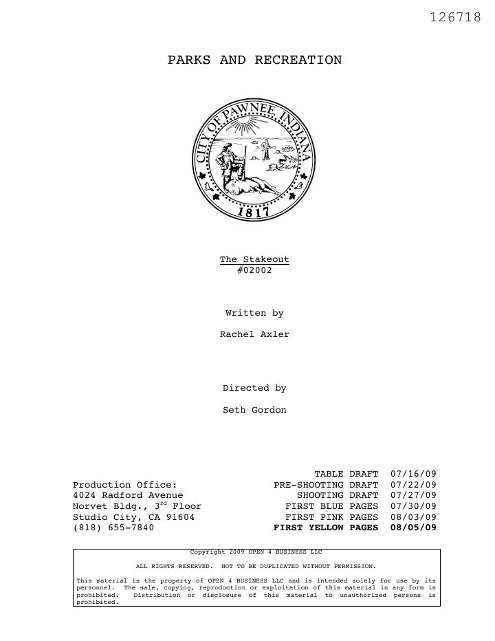 Parks and Recreation: 202: The Stakeout screenplay first page