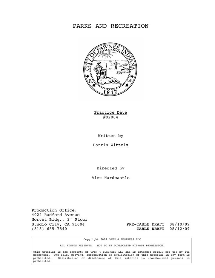 Parks and Recreation: 204: Practice Date screenplay first page