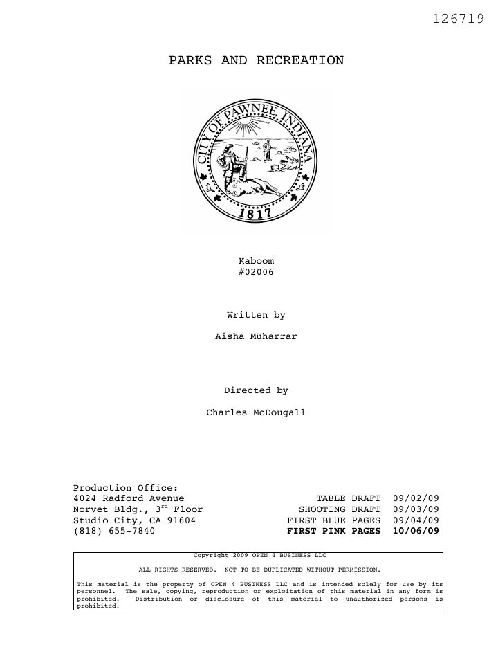 Parks and Recreation: 206: Kaboom screenplay first page