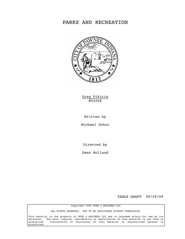 Parks and Recreation: 207: Greg Pikitis screenplay first page