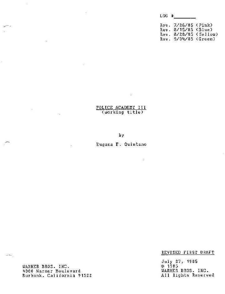 Police Academy 3: Back in Training screenplay first page