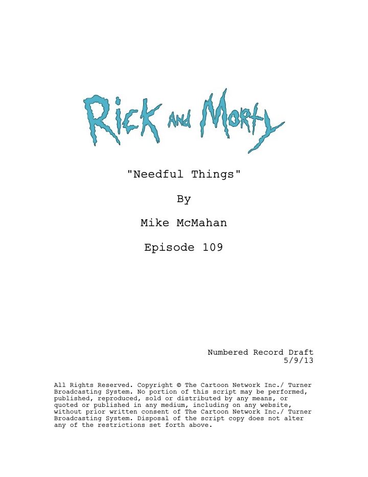 Rick and Morty: 109: Needful Things screenplay first page