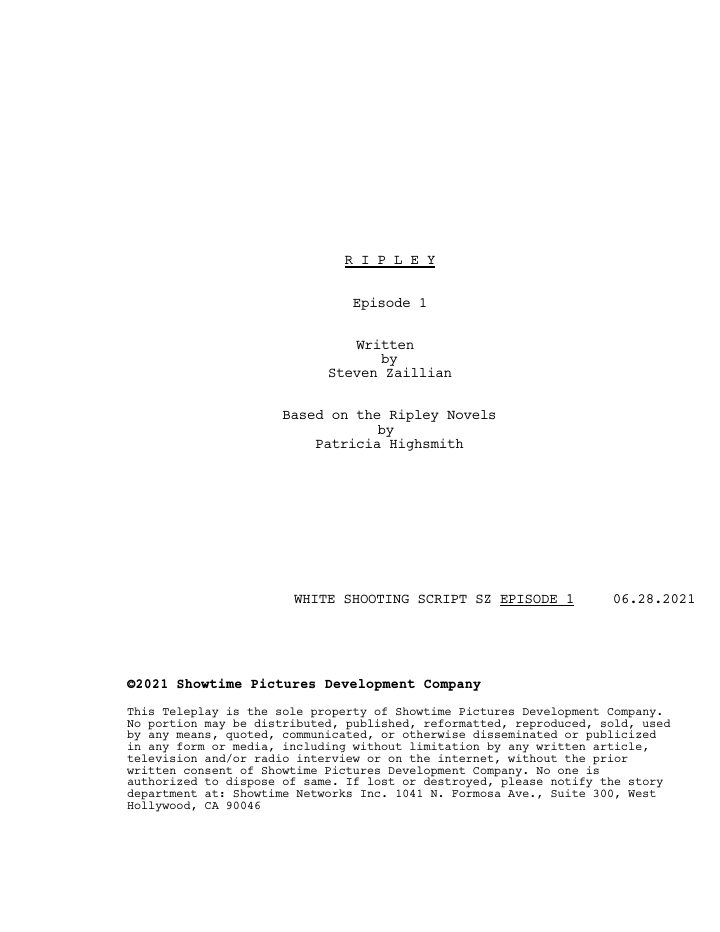 Ripley: 101: I A HARD MAN TO FIND screenplay first page