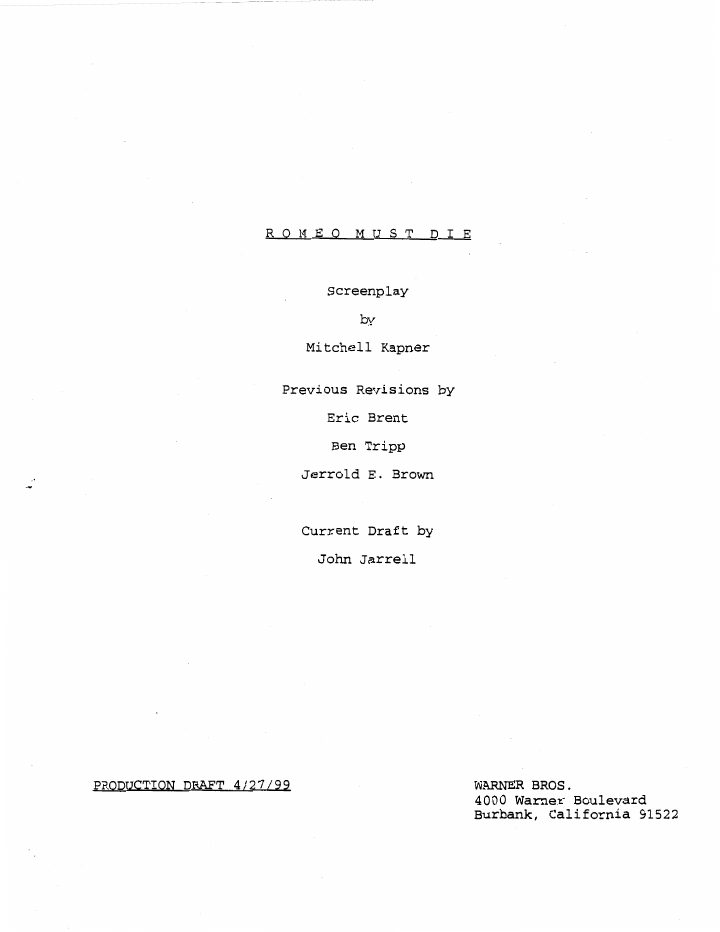 Romeo Must Die screenplay first page