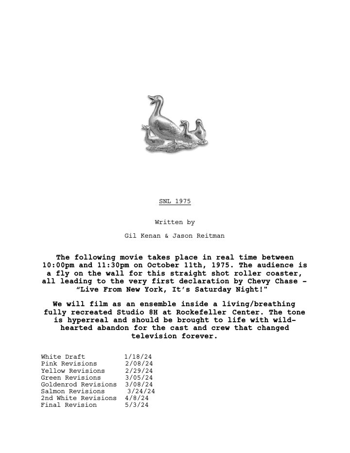 Saturday Night screenplay first page