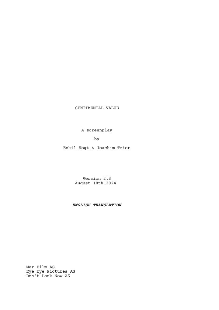 Sentimental Value screenplay first page