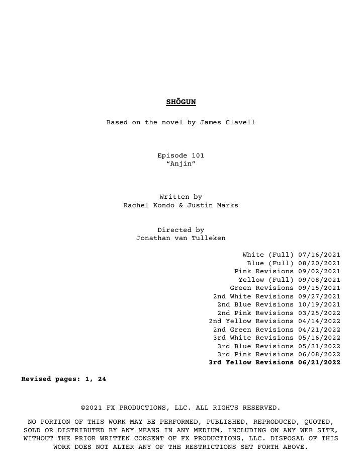 Shōgun: 101: Anjin screenplay first page