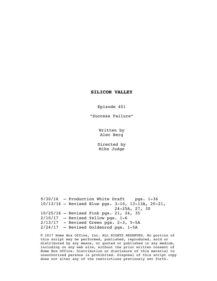 Silicon Valley: 401: Success Failure screenplay first page