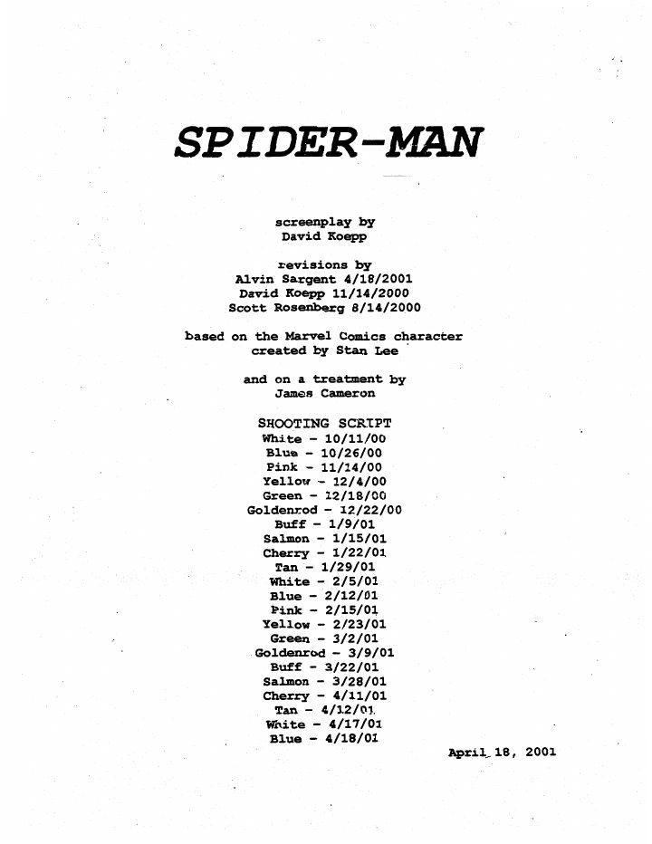 Spider-Man screenplay first page