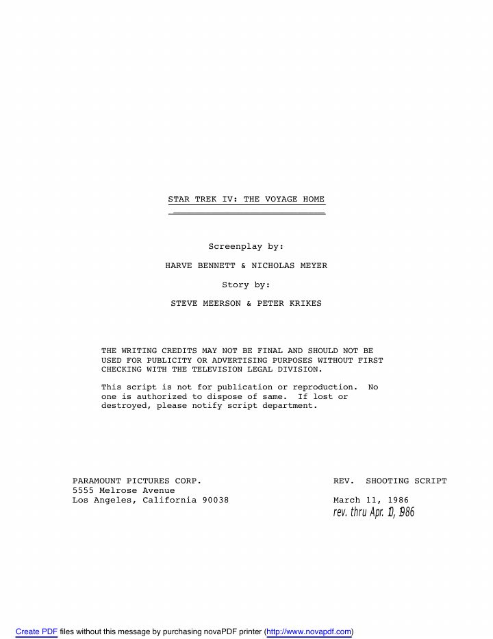 Star Trek IV: The Voyage Home screenplay first page