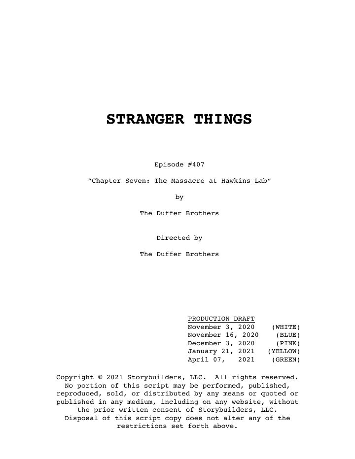 Stranger Things: 407: Chapter Seven: The Massacre at Hawkins Lab screenplay first page
