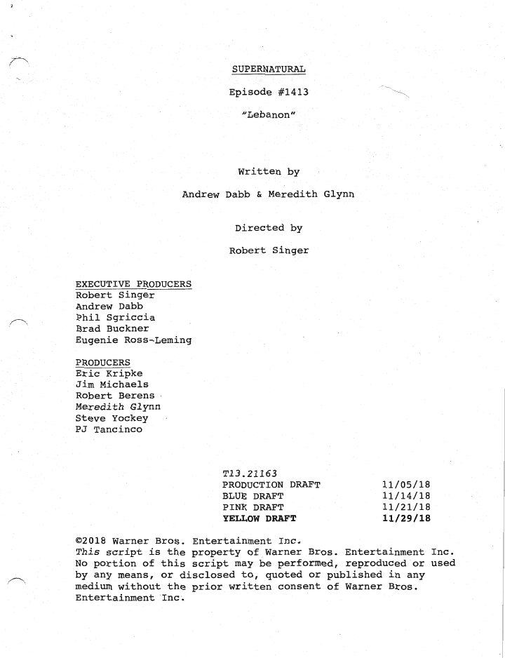 Supernatural: 1413: Lebanon screenplay first page