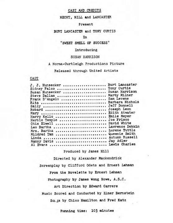 Sweet Smell of Success screenplay first page